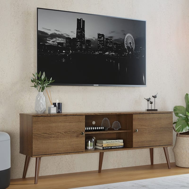 Madesa TV Stand Mid-Century Console with 2 Doors and 2 Shelves and Metal Knobs for 55, 65 Inch Media Storage - 59 inches