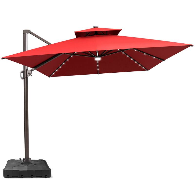 10 FT x 13 FT Outdoor Luxury Solar LED Patio Cantilever Umbrella With Base - Red