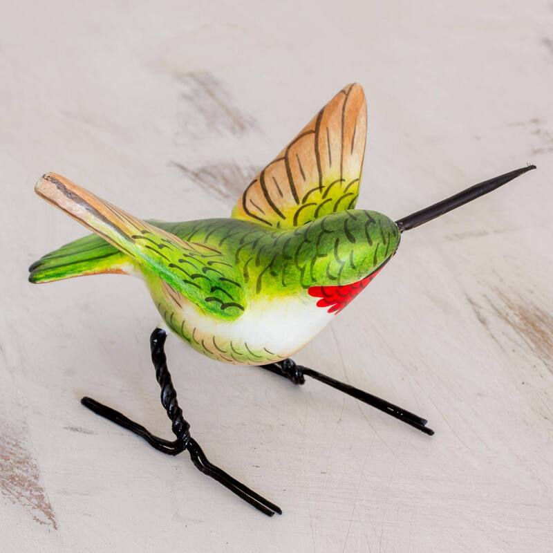 Handmade Ruby-Throated Hummingbird Ceramic Figurine (Guatemala) - 3.9 " L x 4.3" W x 3.0 " D