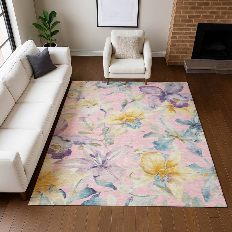 Machine Washable Indoor/ Outdoor Modern Floral Chantille Rug