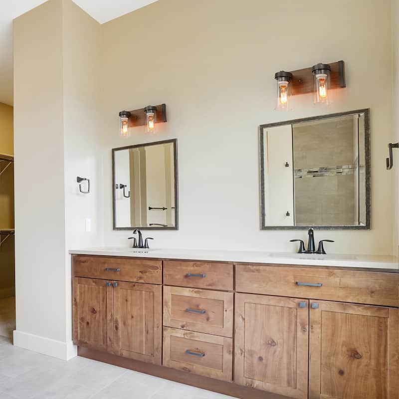 Farmhouse Rustic 2-light Pinewood Glass Bathroom Vanity Light Sconce - L 14"x W 5"x H 8.5"