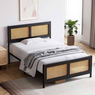 Black Rattan Platform Bed Frame with Rattan Headboard - Bed Bath ...