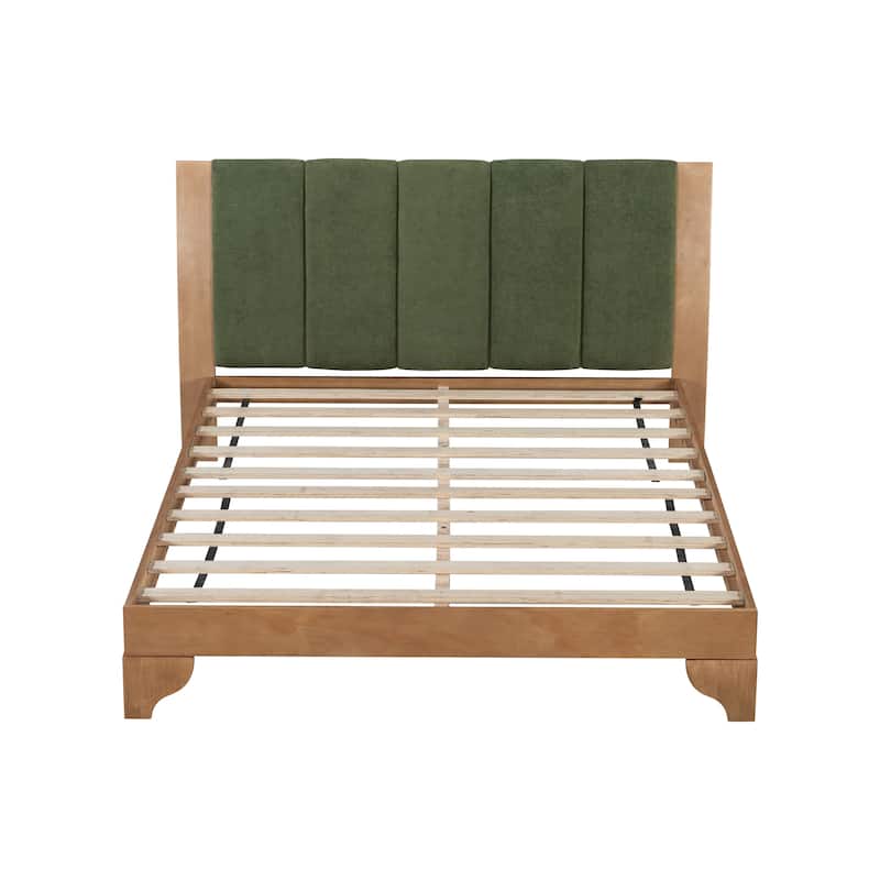 Pine Wood Bed Frame Mid Century Modern Platform Bed with Green Upholstered Headboard, Wood Slat Support Low Profile Wingback Bed