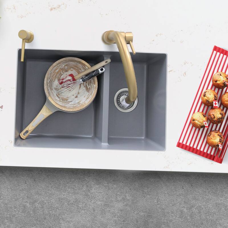 STYLISH 27 inches L x 18 inches W Double Bowl 60/40 Dual Mount Composite Granite Kitchen Sink - 27" x 18" x 9.5"