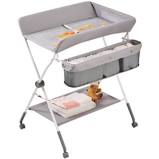 Gray Steel & Oxford Foldable Baby Changing Table with Wheels & Storage - 33.46 x 29.53 x 41.34 in