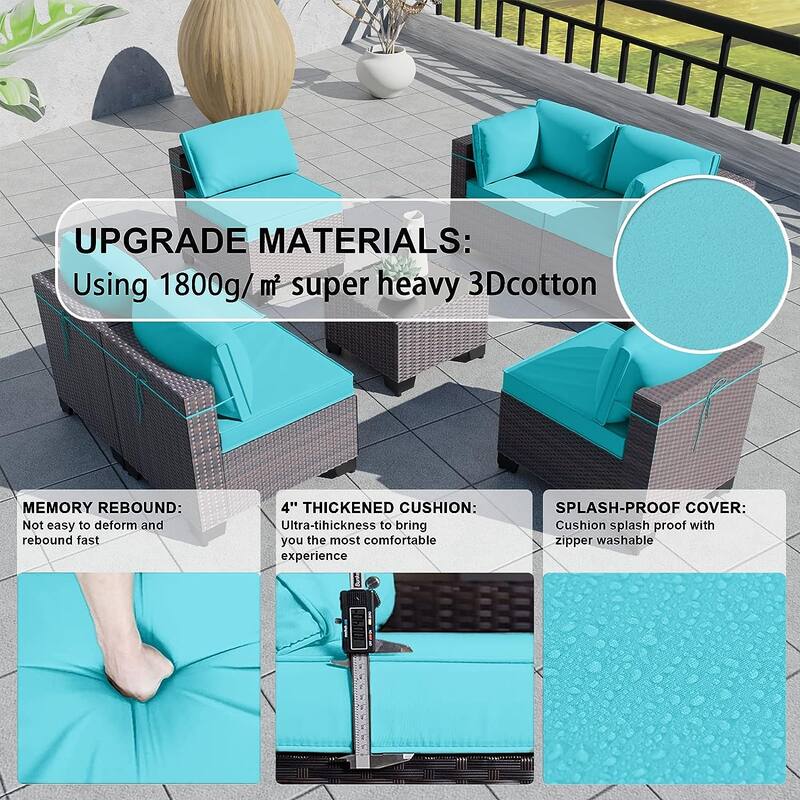 Kullavik 7 Pieces Outdoor Sectional Sofa Set Brown Wicker Patio Conversation Set with Seat Cushions and Tempered Glass Table
