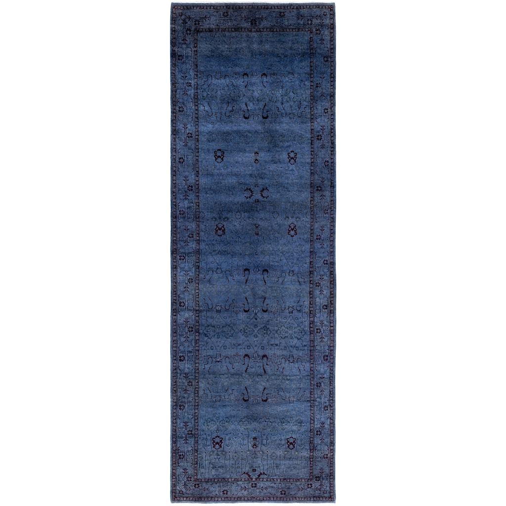 Overdyed One-of-a-Kind Hand-Knotted Runner Rug - Blue - 4' 1" x 12' 7"