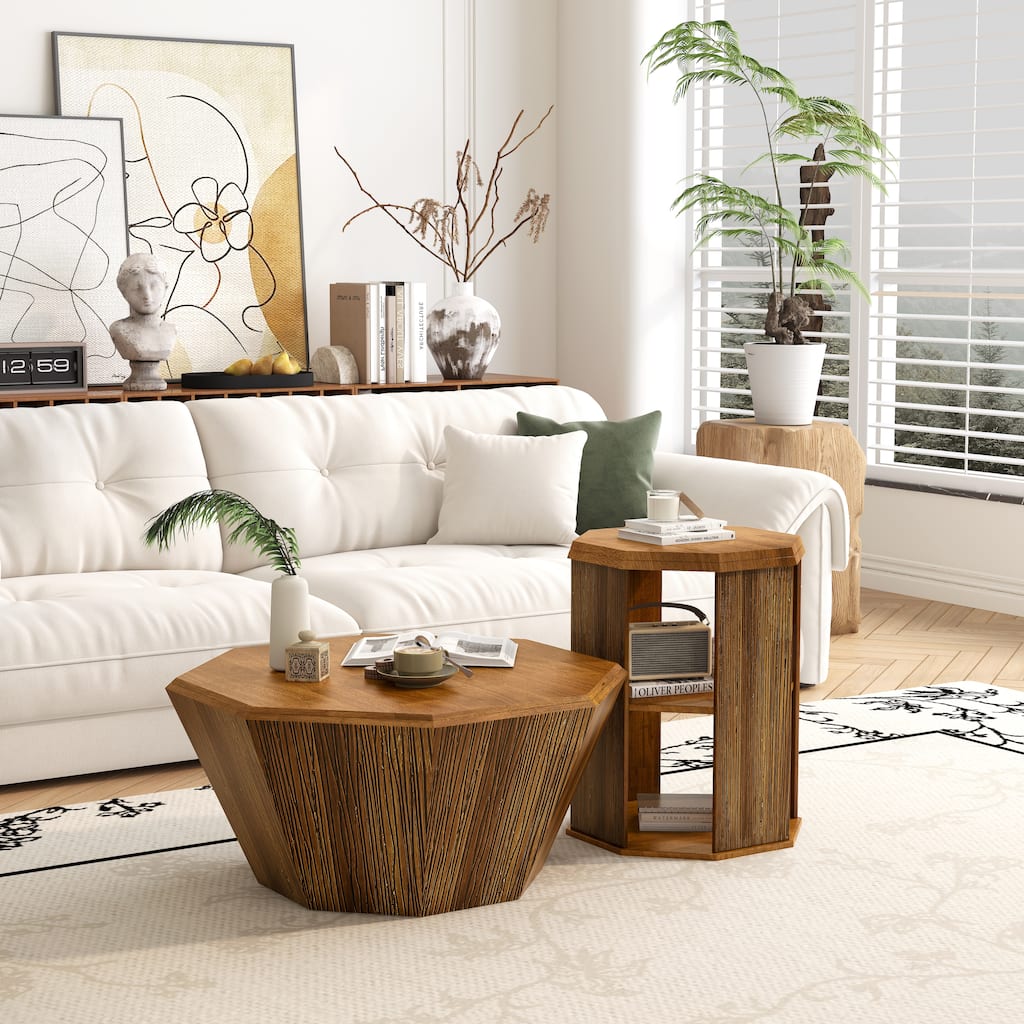 31.5 "Octagonal Rubber wood Set of Two Coffee Table, Coffee Table, Living Room Bedroom(Set of Two Pieces)