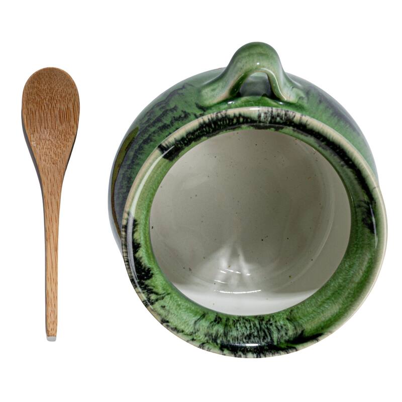 Stoneware Salt Dish with Acacia Wood Spoon - 4.9"L x 4.8"W x 3.9"H - 4.9"L x 4.8"W x 3.9"H