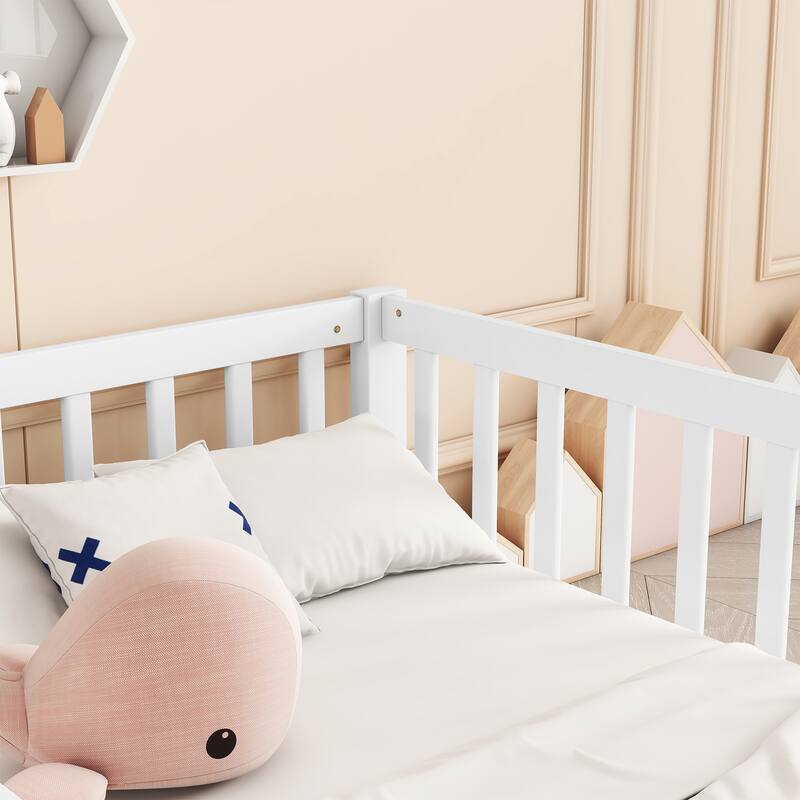 Two-in-One Twin Size Floor Bed with Fence Guardrails, No Door and No Slats for Multi Children Double Bed Frame Toddler Floor Bed