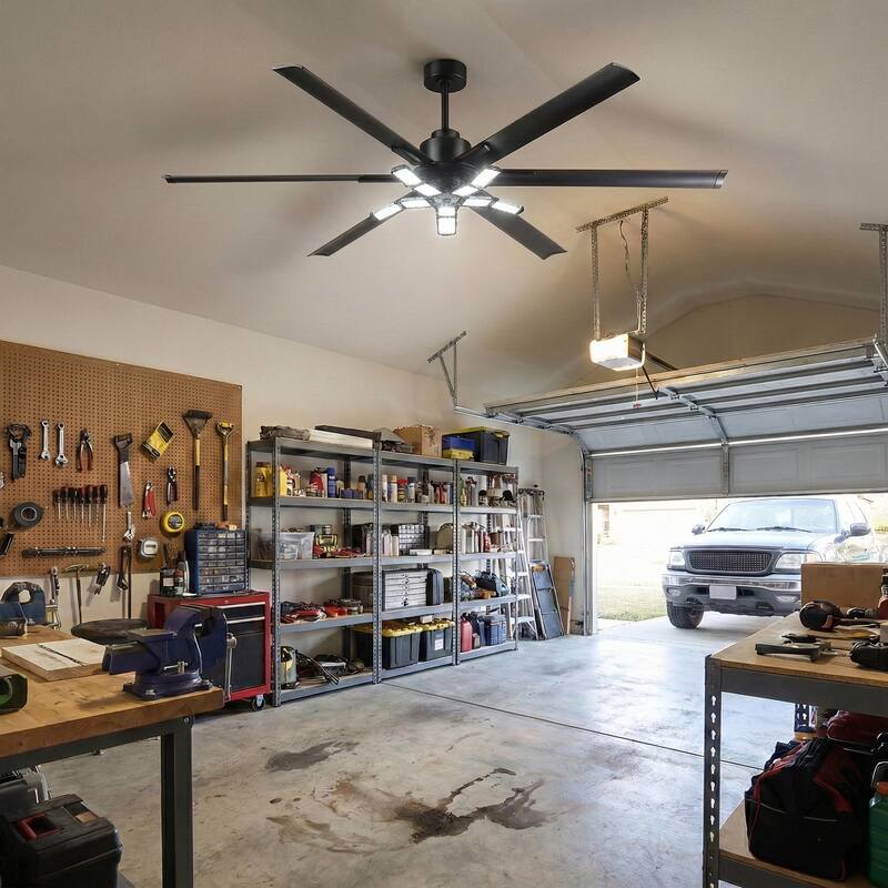 72" Modern Matte Black Garage Large Ceiling Fan with Foldable LED Light and Remote