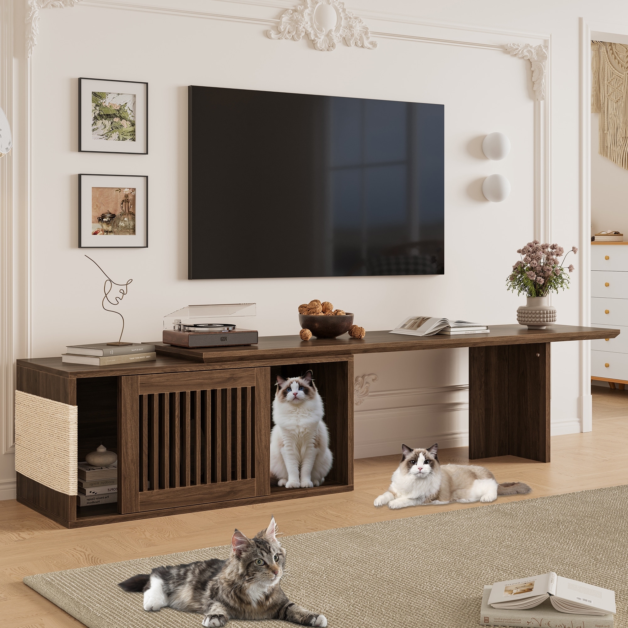 Anmytek Pet Friendly TV Stand Cat Modern Media Console Wood Storage Living Room Organizer