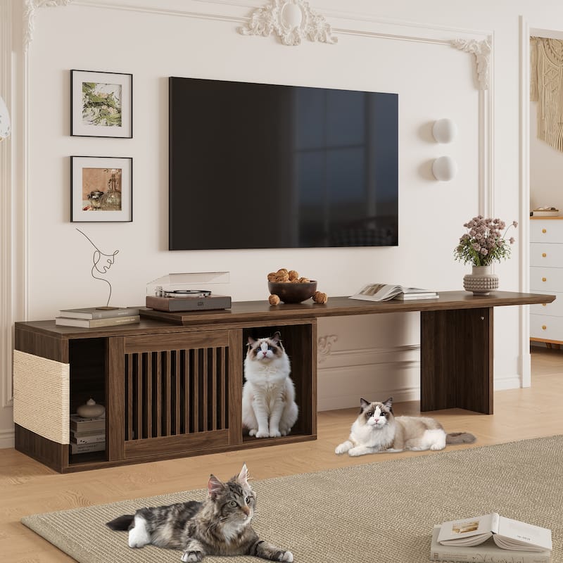 Anmytek Pet Friendly TV Stand Cat Modern Media Console Wood Storage Living Room Organizer - Brown