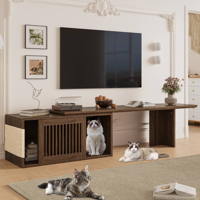Medieval Modern TV Stnad Extendable TV Stand with Litter Box Enclosure and Cat Scratcher, for Living Rooms - Beige