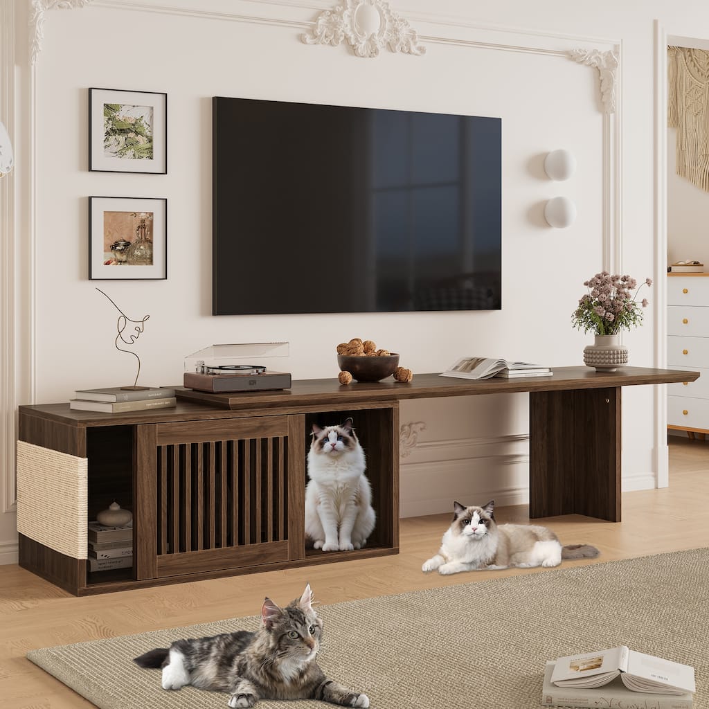 Medieval Modern TV Stnad Extendable TV Stand with Litter Box Enclosure and Cat Scratcher, for Living Rooms