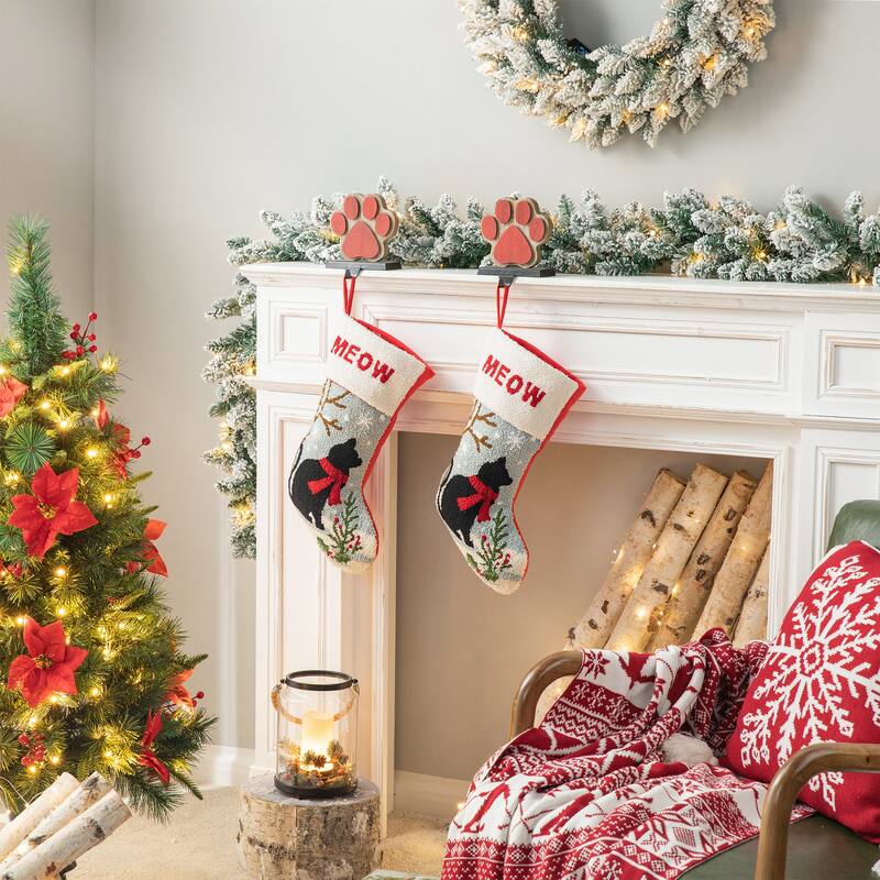 Glitzhome Christmas Wooden/Metal LED Snowman Paw Stocking Holders with Stockings Mantel Ornament