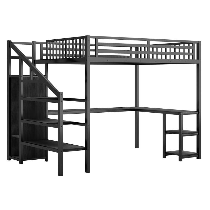 Black Metal Queen Loft Bed w/ Wardrobe & LED Light L Shaped Desk USB for Kids Teens Adults