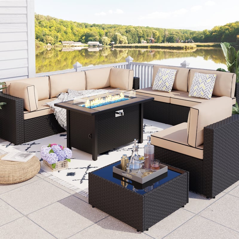 8 Piece Outdoor Sectional Seating Group with Fire Pit Table - Khaki/Black