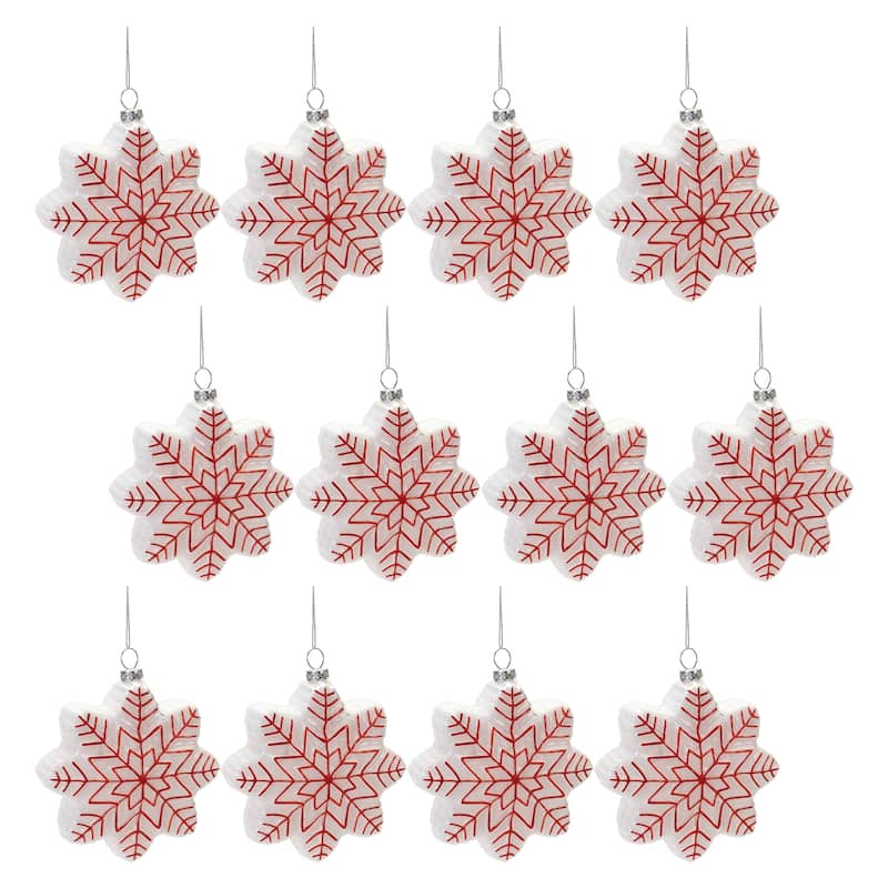Set of 12 Glass Snowflake Christmas Ornaments for Tree Decoration - 4" x 1.5" x 5" - White/Red