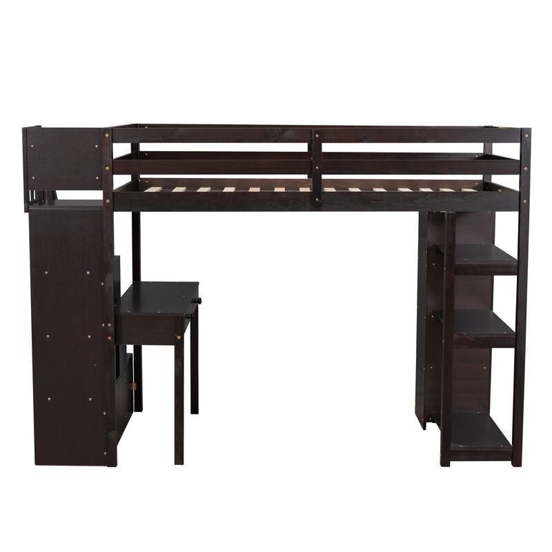 Twin Size Loft Bed with Storage, Desk, Stairs, and Shelves in Espresso Finish