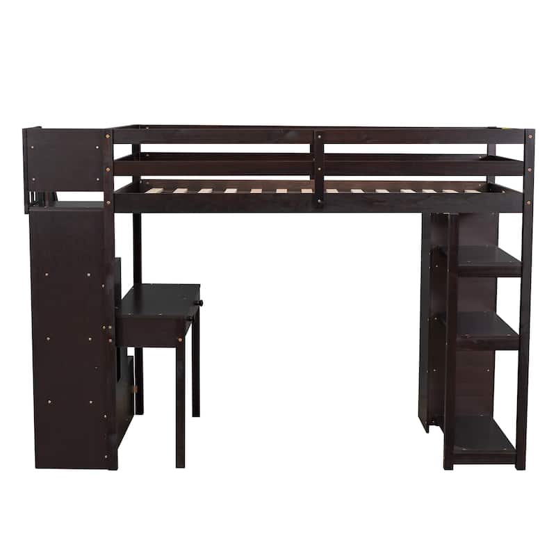 Twin Wooden Loft Bed with Desk and Drawers