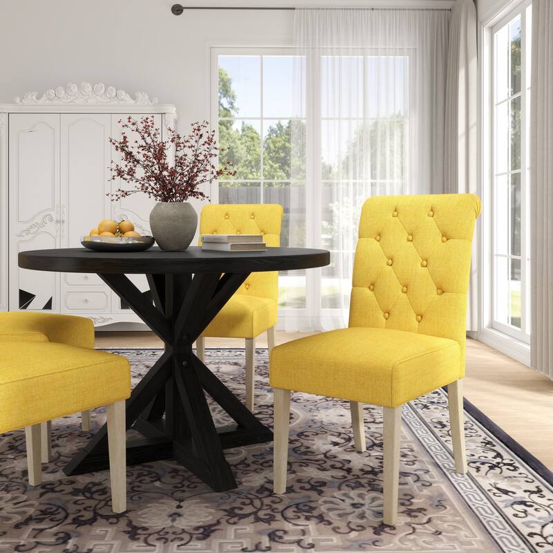 Contemporary 5-Piece Dining Set with Round Table and Button-Tufted Chairs - Solid Wood Construction for Lasting Durability
