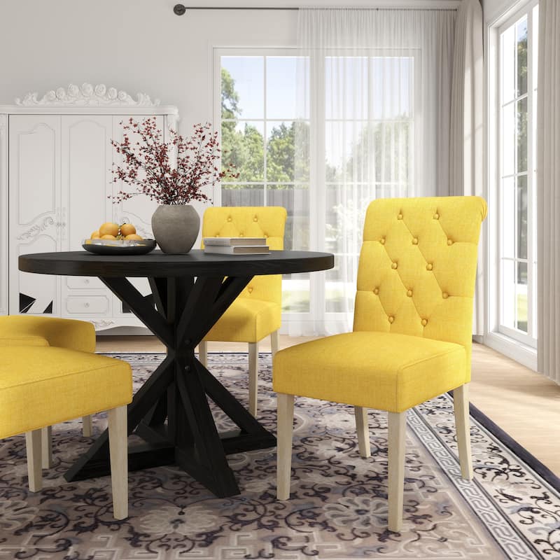 Roundhill Furniture Banff 5-Piece Round Dining Set, Cross-Buck Round Table with 4 Tufted Chairs