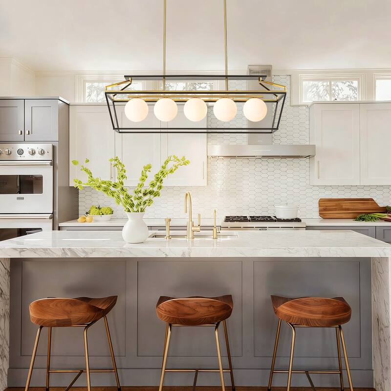 5-Light Modern Linear Chandelier in Matte Black and Brass Finish with Milky White Glass Globes for Dining Room or Kitchen Island