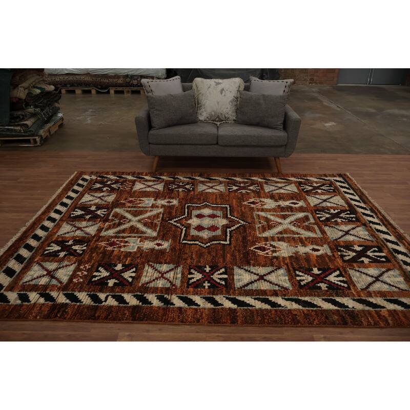 Hand Knotted Oriental 100% Wool Carpet Modern Tribal Oranges & Rust Moroccan Area Rug - 9' 7'' X 6' 10''