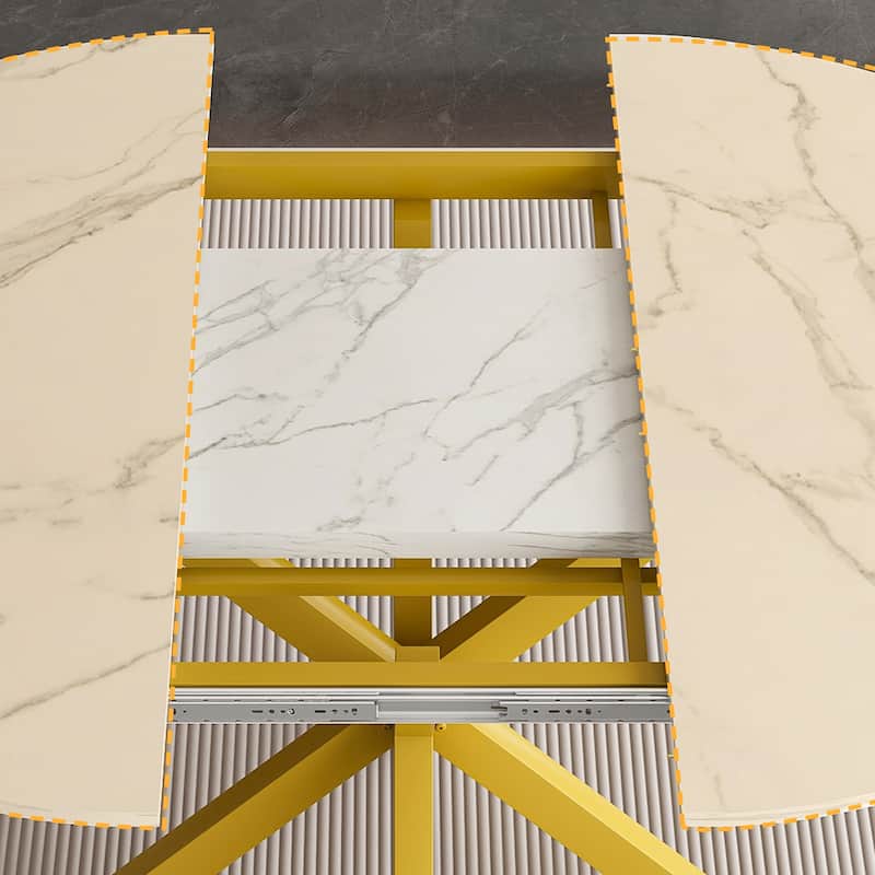 Roomfitters Round Extendable Dining Table, Marble Look Top with Carbon Steel X Base, Modern 4-6 Person Kitchen Table, White