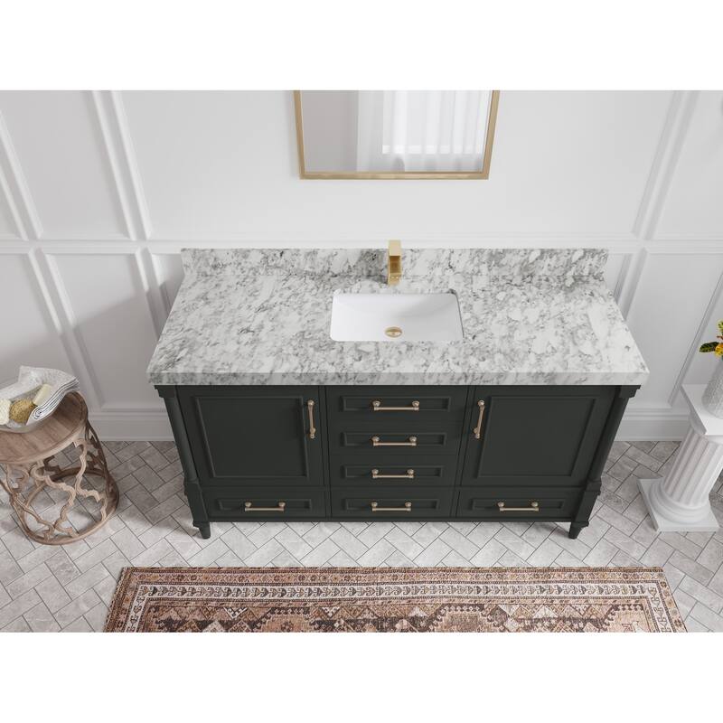 Willow Collections 60 in. W x 22 in. D Aberdeen Single Bowl Sink Bathroom Vanity with Countertop - 2" Carrara Marble - Black Top