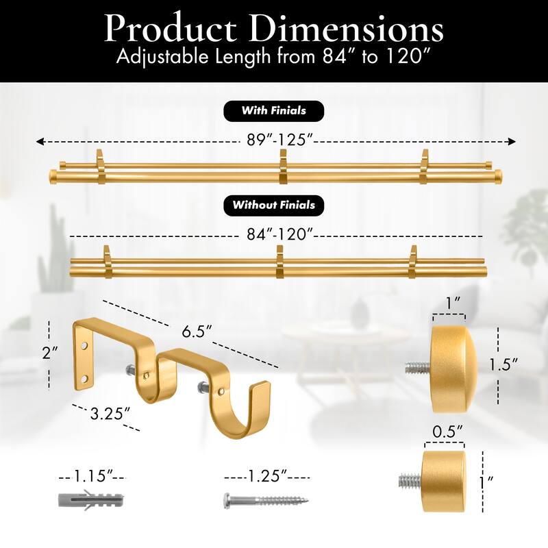 Meriville 1" Diameter Double Window Curtain Rod, End Cap Finials