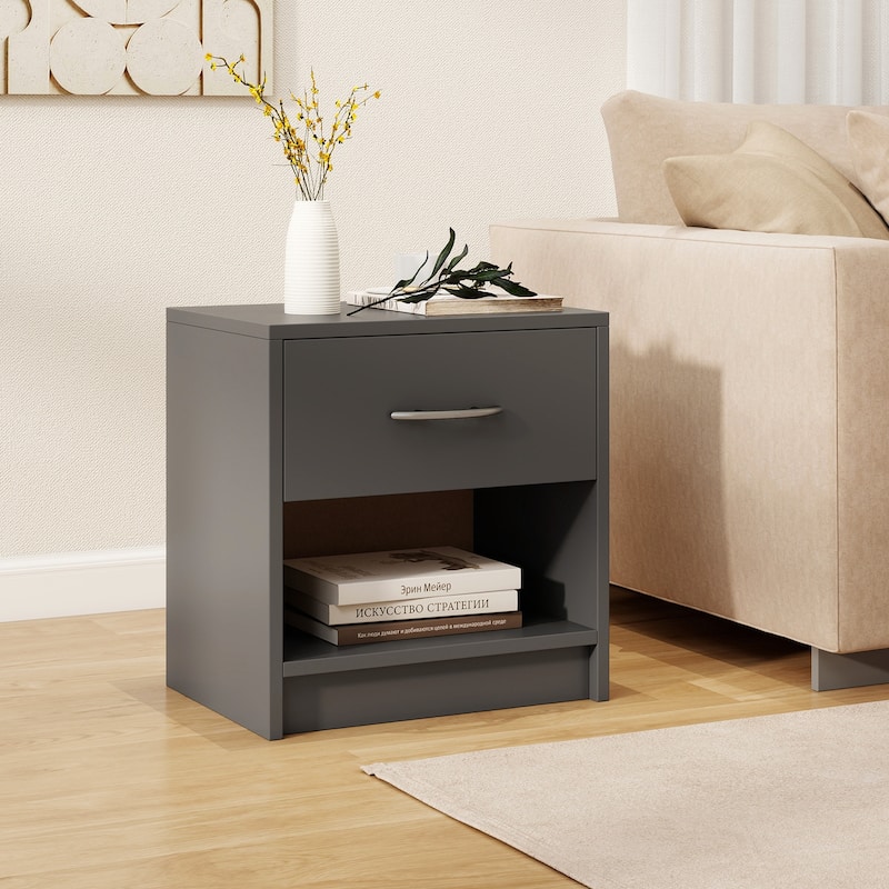 Gymax 2 PCS Nightstand w/ Drawer Side Table w/ Slide-out Drawer Open