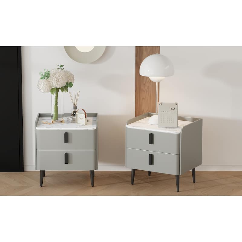 Nightstands Set of 2, Night Stand with 2 Drawers and Marble-Pattern Tabletop, Modern Beside Table for Bedroom