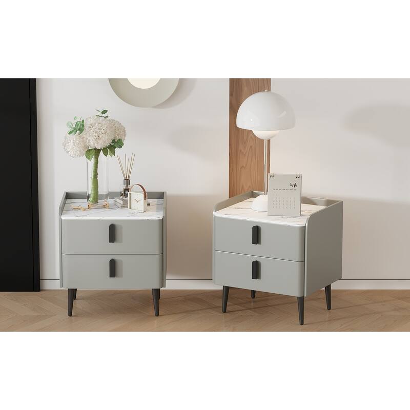 Nightstands Set of 2: 2-Drawer Marble-Pattern Top Modern Bedside/End Table - Gray