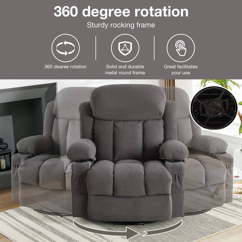 Swinging Recliner Massage Heated Sofa with USB, Cup Holders, Side Pockets, Eight Acupoint Massage