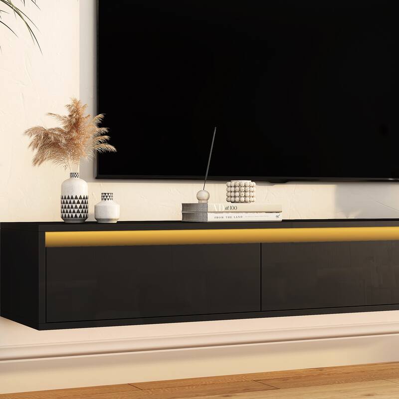Modern Floating Wall-Mounted TV Stand with High-Gloss TV Stand, featuring LED Lights and Power Outlets, for Living Rooms