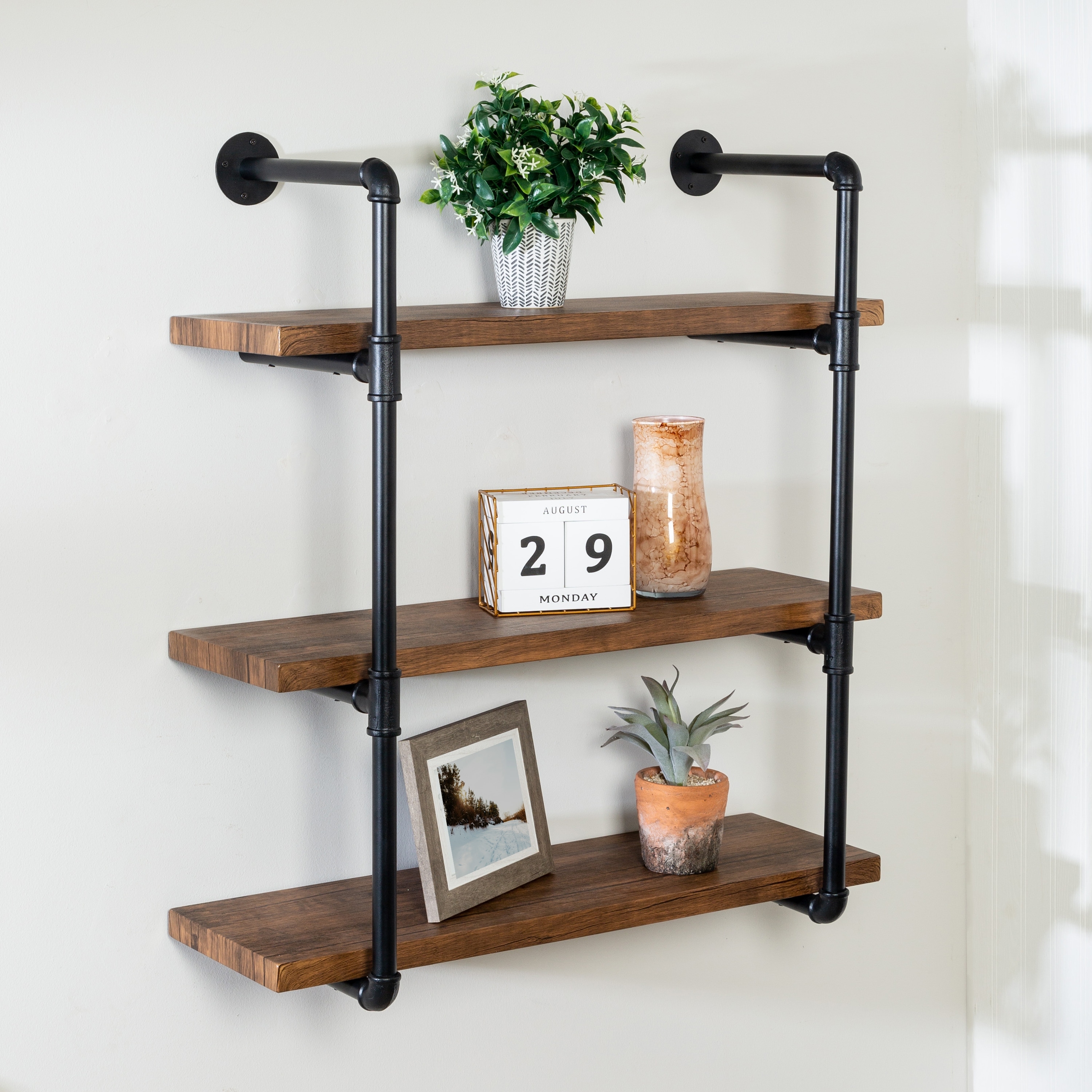 Black and Rustic Wood 3-Tier Industrial Wall Shelf