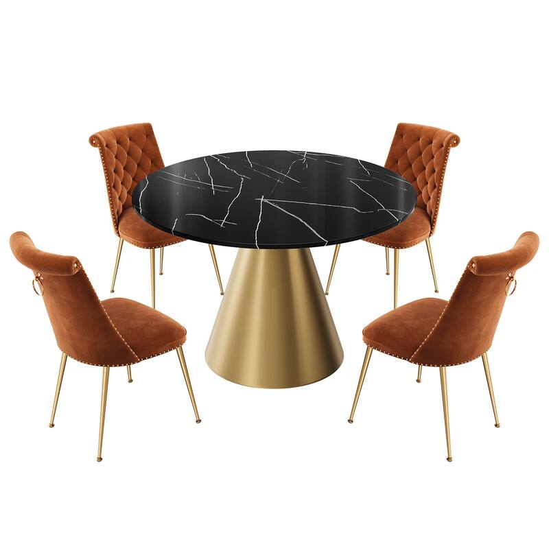 48" Marble Top Metal Dining Table with Velvet Dining Chair Set - Coffee