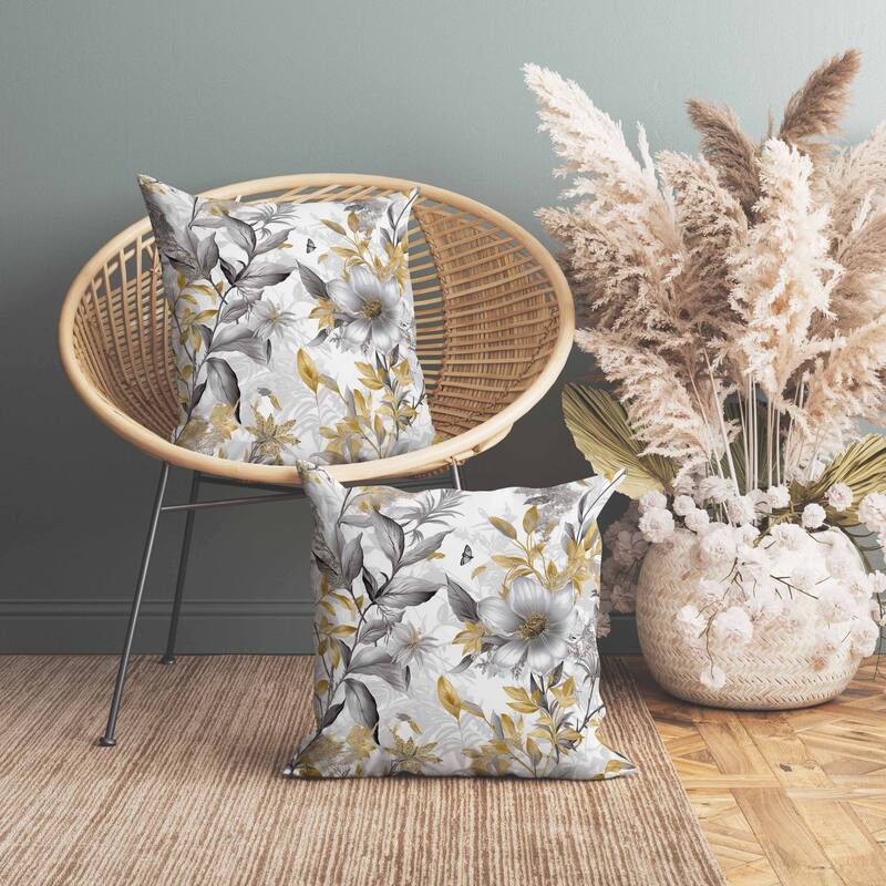 Exquisite Floral Breeze Faux Suede Reversible Throw Pillow Grey and Gold