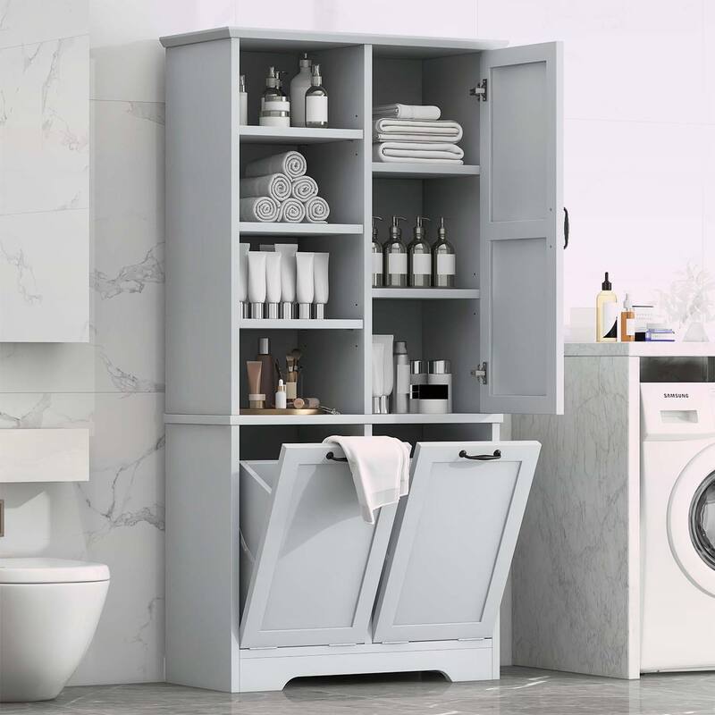 Bathroom Storage Cabinet with Doors, Drawers, Tilt-Out Laundry Hamper, and Adjustable Shelves, Oak Finish