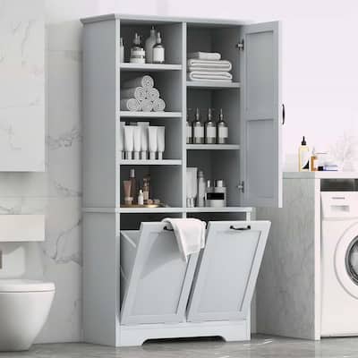 Bathroom Storage Cabinet with Doors, Drawers, Tilt-Out Laundry Hamper, and Adjustable Shelves, Oak Finish