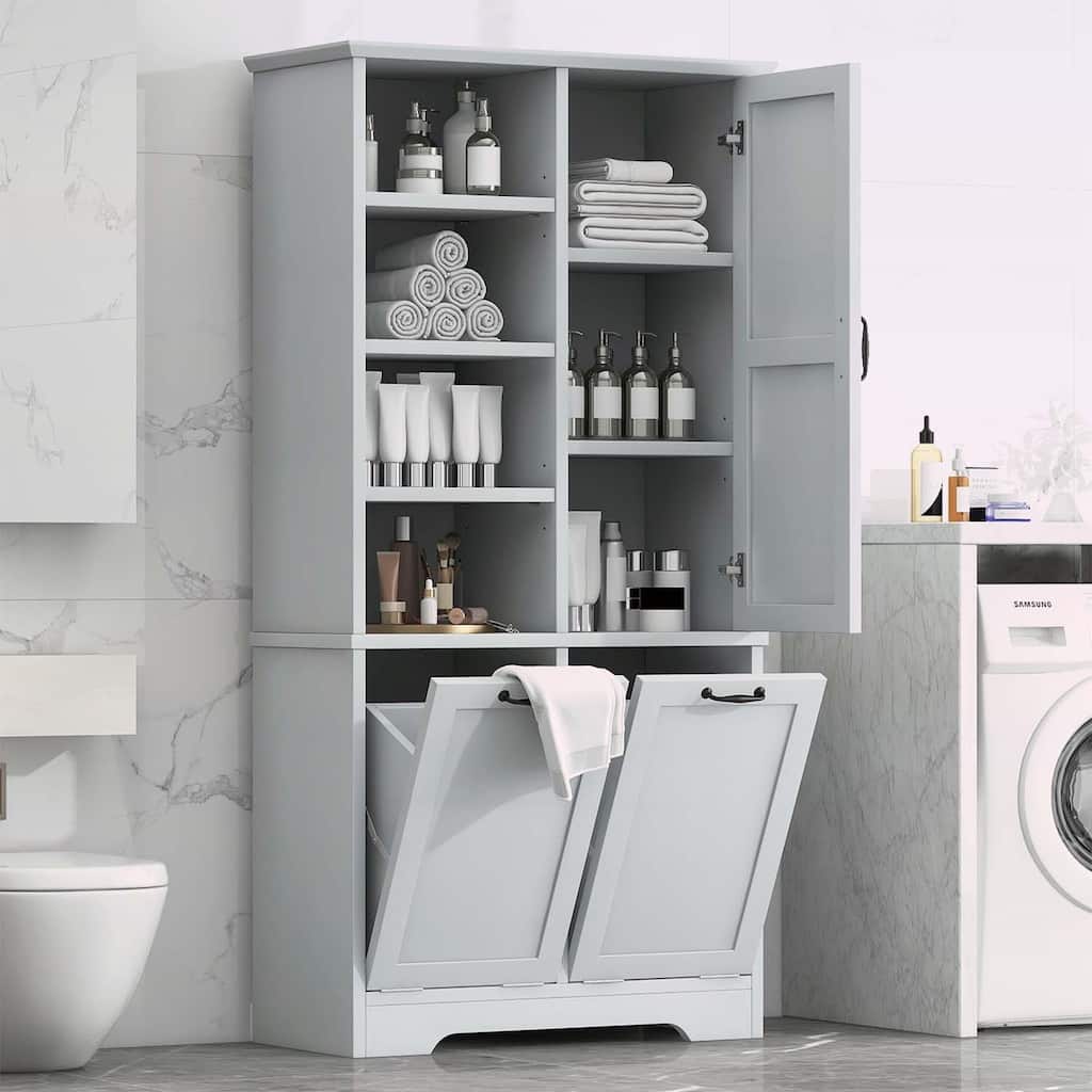 Bathroom Storage Cabinet with Doors, Drawers, Tilt-Out Laundry Hamper, and Adjustable Shelves, Oak Finish