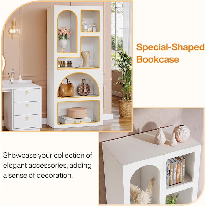 Modern 70" Tall Geometric Bookshelf, Arched Bookcase with 5 Irregular Storage Shelves