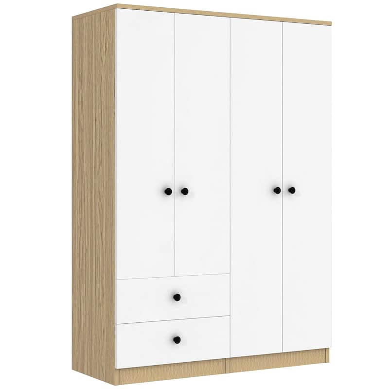 Wooden Bedroom Wardrobe with Hanging Rods & Drawers, 4-Door Armoire Closet Storage Cabinet for Home Organization, White+Natural