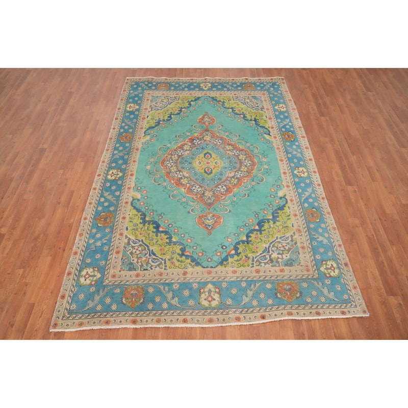 Hand Knotted Oriental 100% Wool Carpet Traditional Floral Navy Blue & Blues Tabriz Area Rug - 9' 7'' X 6' 5''