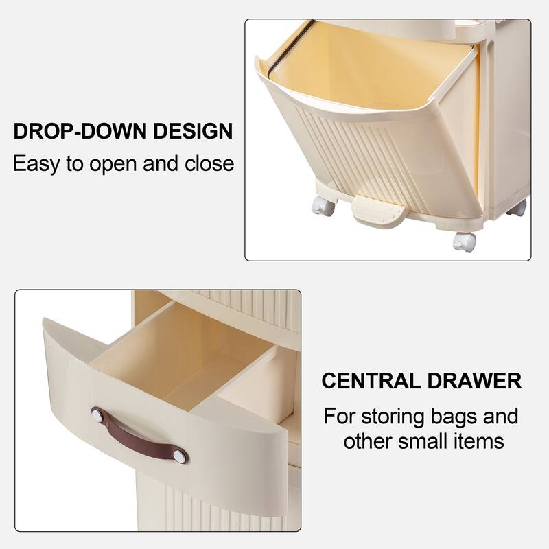 Javlergo Beige Trash Can with Dual Inner Bins Foot Peda lStorage Drawer and 4 Universal Wheels for Kitchen Bathroom Living Room