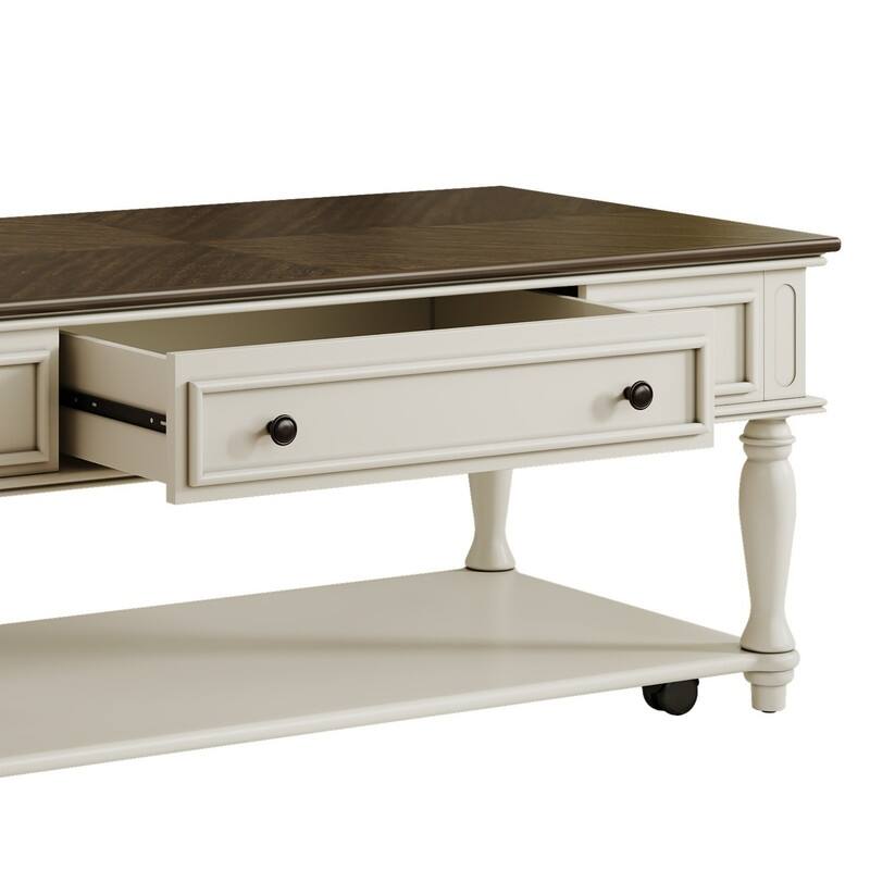 Farmhouse Coffee Table with One Drawer, Easy Assembly, Retro Movable Rectangular Cocktail Table with Lockable Wheels