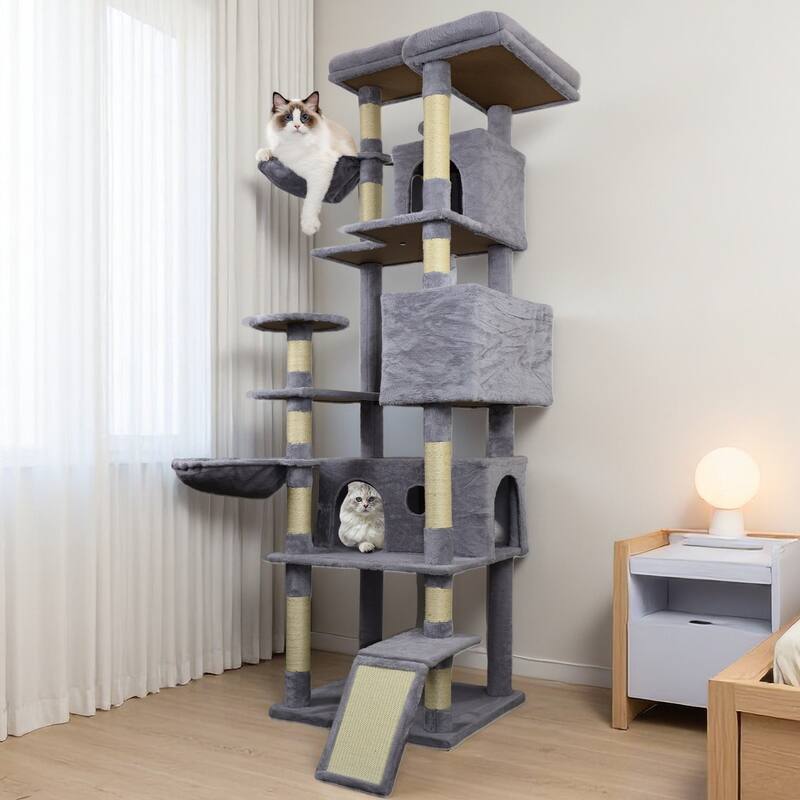 84.6 in Cat Tree Tower with Wide Base, 3 Large Hinding Condo, 11 Sisal Scratching Post, Sisal Scratching Ladder, 2 Hammocks - Dark Gray