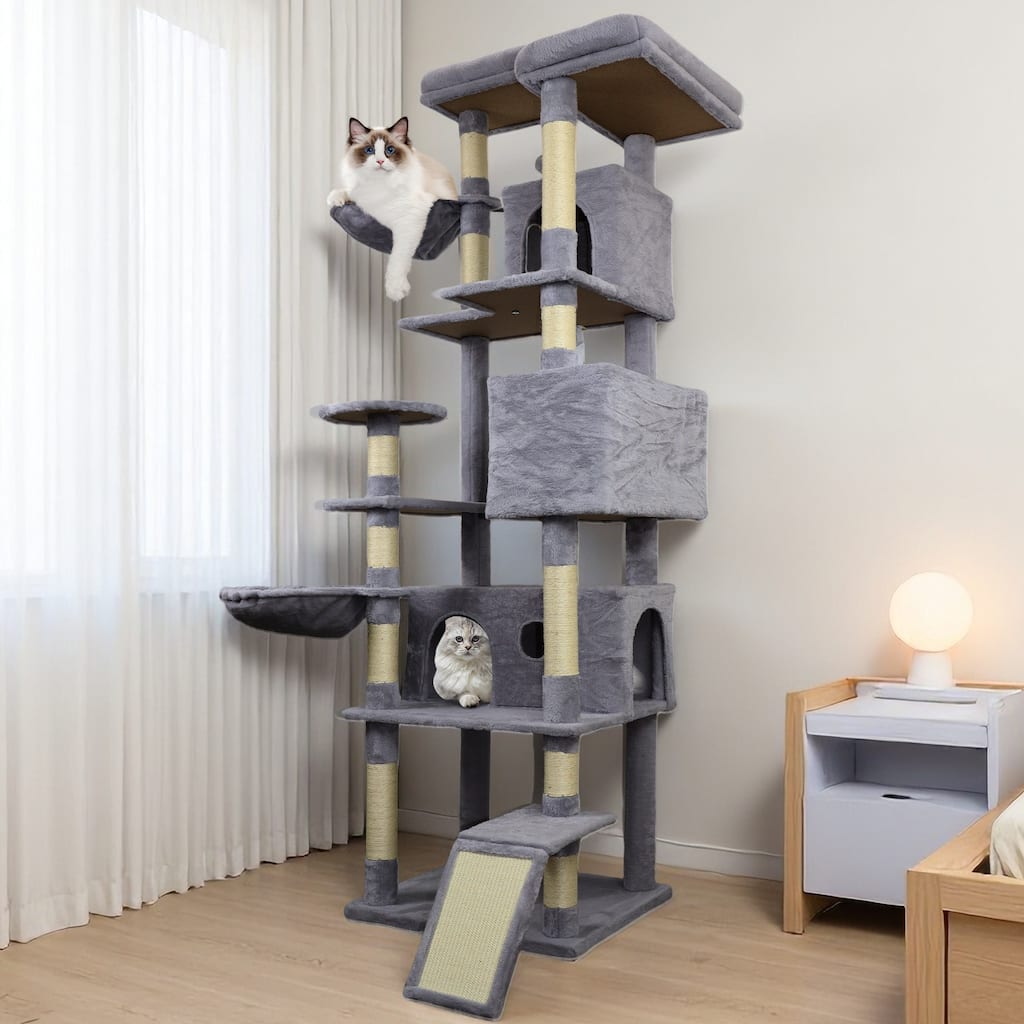 84.6 in Cat Tree Tower with Wide Base, 3 Large Hinding Condo, 11 Sisal Scratching Post, Sisal Scratching Ladder, 2 Hammocks
